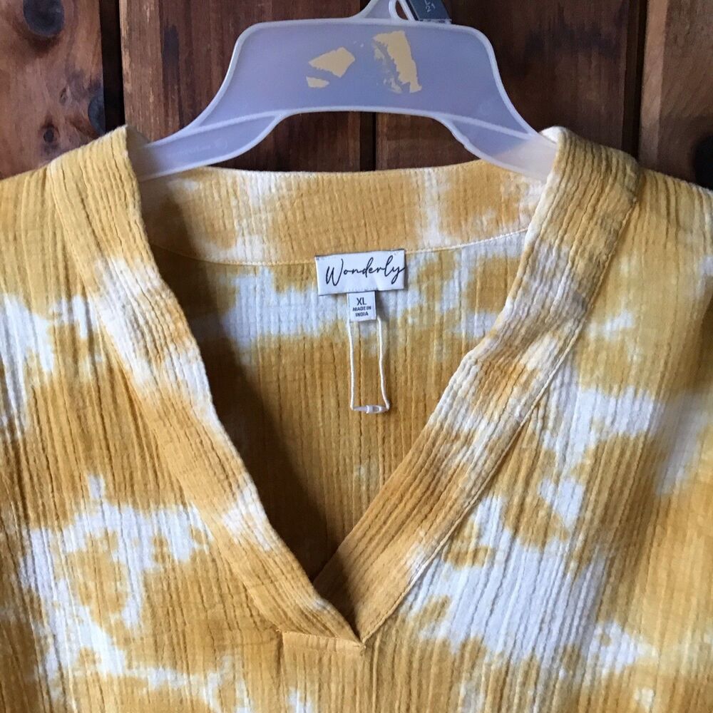 Wonderly Yellow Tie Dye Top XL V Neck Short Sleeve Cotton Gauze NWOT - Picture 2 of 6